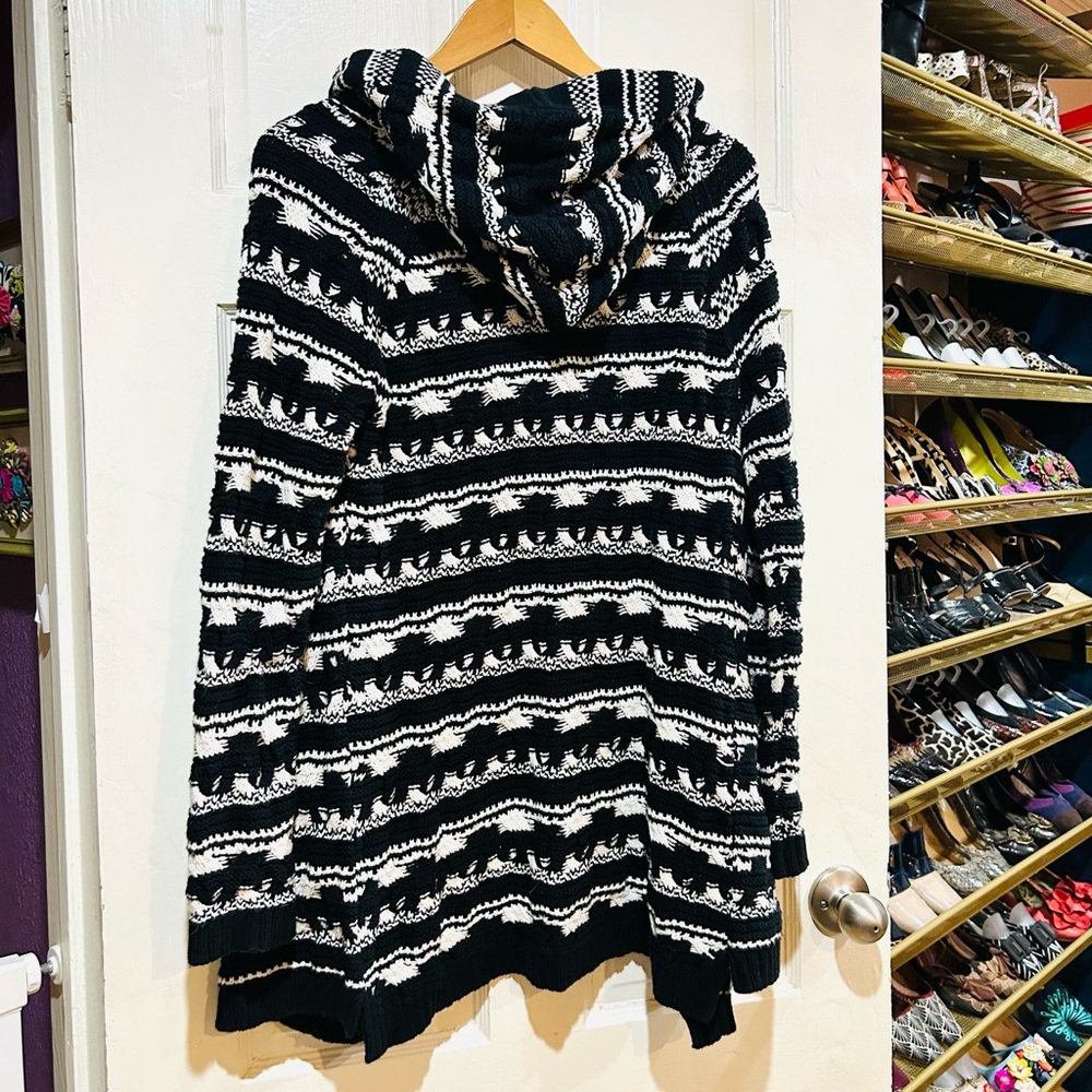 Anthropologie Sparrow Black & White Open Chunky Knit Sweater Cardigan Hood M - Picture 5 of 8